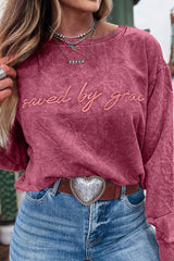 Sea Green  saved by grace Letter Embroidery Mineral Wash Loose Sweatshirt