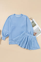 Mist Green Corded Bishop Sleeve Pullover and Ruffle Mini Skirt Set