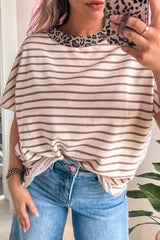 Khaki Stripe Leopard Patchwork Round Neck Loose T Shirt