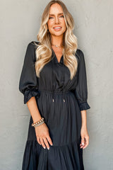 Black Flounced Bracelet Sleeve V Neck Tiered Maxi Dress