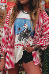 Red Striped Pocket Side Slit Loose Shirt