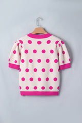 Rose Red Polka Dot Puff Short Sleeve Sweater Top
