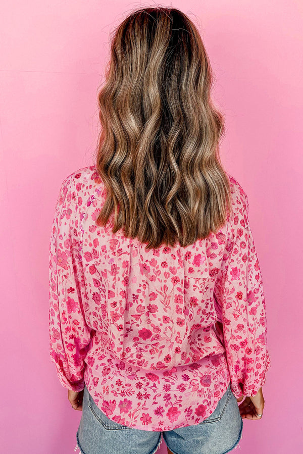 Pink Floral Puff Sleeve Split Neck Blouse