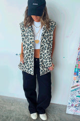Brown Allover Leopard Print Open Front Jacket Vest