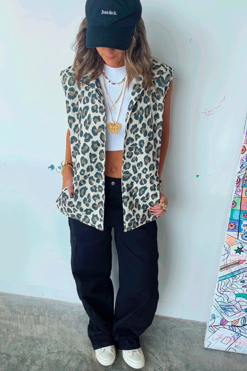 Brown Allover Leopard Print Open Front Jacket Vest