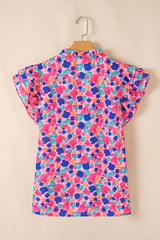 Rose Red Abstract Print Ruffle Sleeve V Neck Blouse