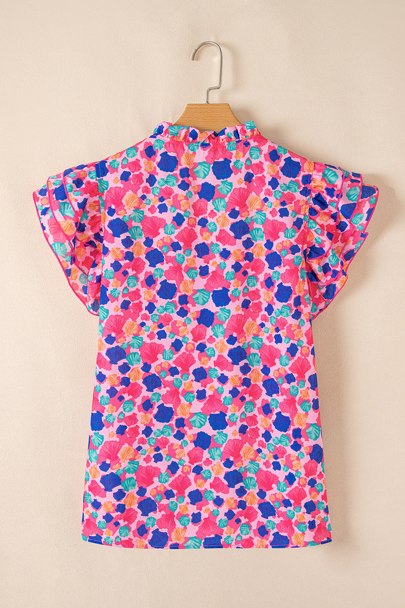 Rose Red Abstract Print Ruffle Sleeve V Neck Blouse