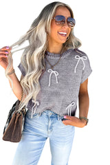 Light Grey Bowknot Applique Cap Sleeve Sweater