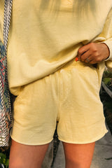 Yellow Cream Button Collar Drop Shoulder Pullover and Shorts Set