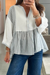 Gray Stripe Half Button Gauze Patchwork Bracelet Sleeve Babydoll Blouse