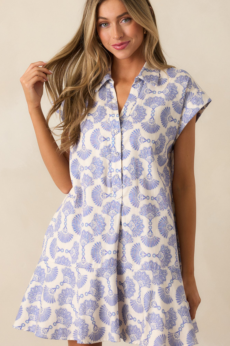 Sky Blue Abstract Print Collared Mini Dress