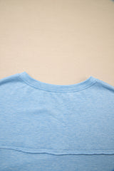 Smoke Green Notched Neck Terry Raw Hem Long Sleeve Top