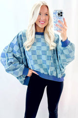 Sky Blue Checkerboard Splicing Raw Detail Oversized Denim Pullover
