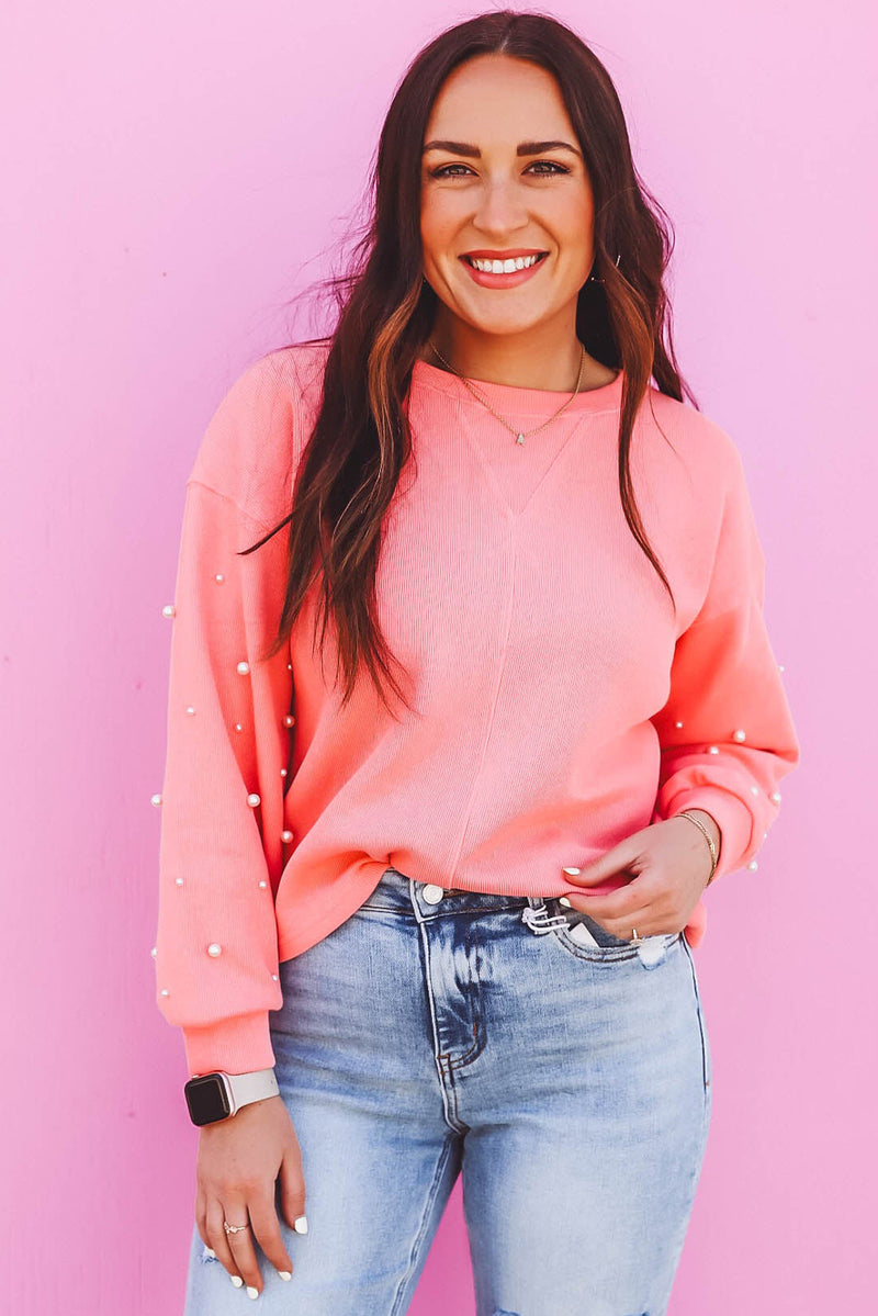 Blossom Pearl Sleeves Ribbed Pullover Sweatshirt