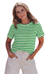 Green Stripe Scalloped Trim Round Neck T Shirt
