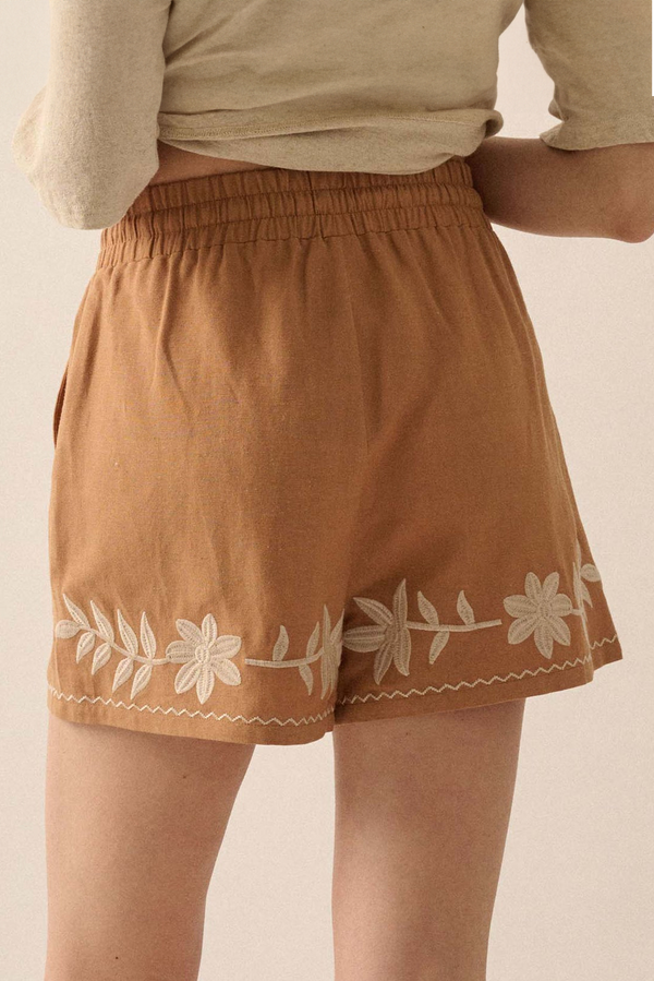 Khaki Embroidered Tassel Tie Elastic Waist Shorts