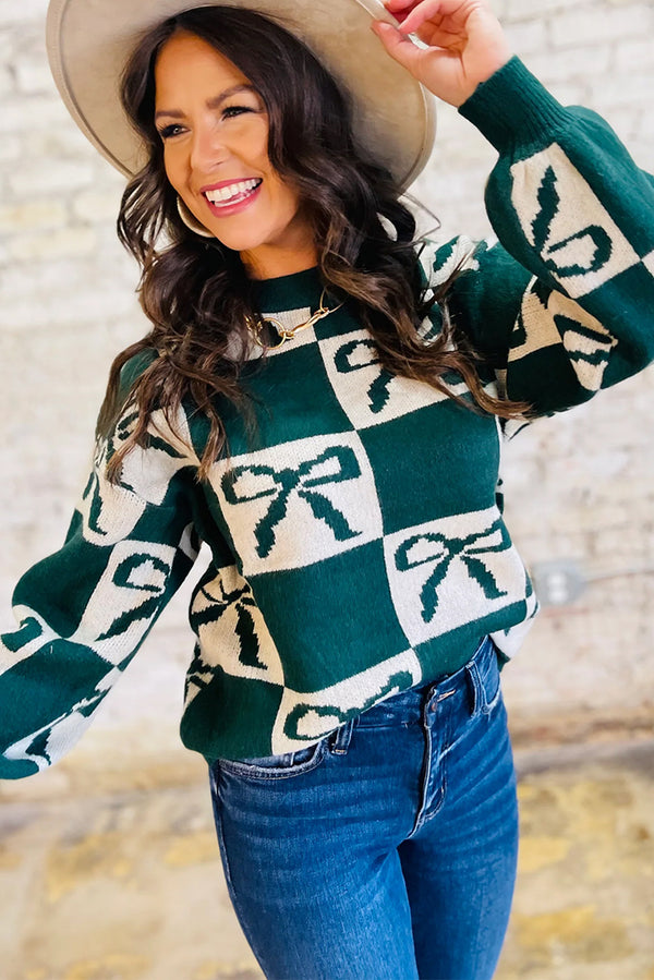 Blackish Green Bow Print Checkered Knit Sweater