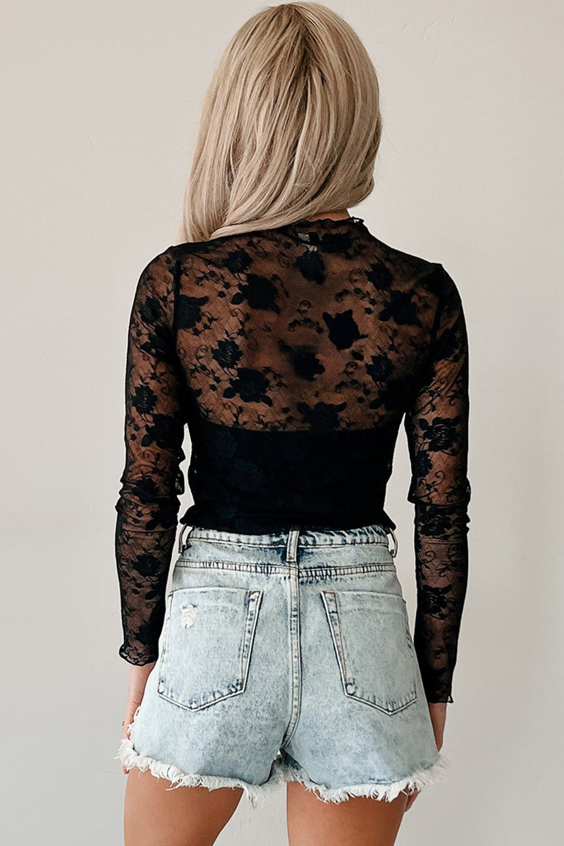 Apricot Pink Mock Neck Floral Lace Mesh Long Sleeve Top