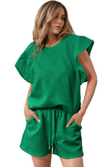 Black Textured Ruffle Sleeve Tee and Drawstring Shorts Set