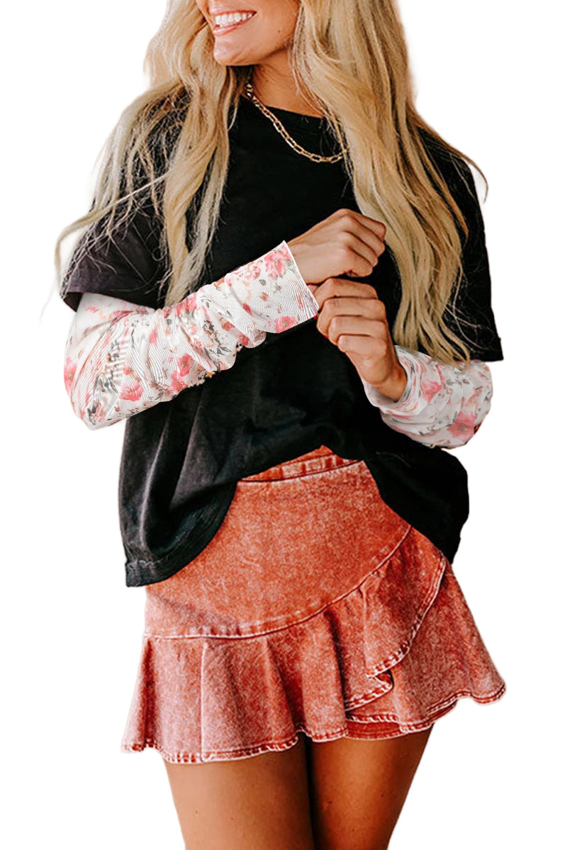 White Floral Mesh Patchwork Sleeve Fake Two-Piece Top