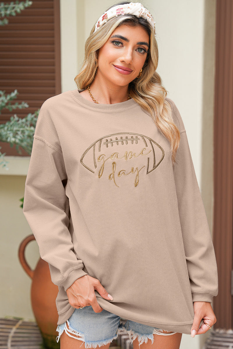 White Football Graphic Drop Shoulder Game Day Corded Sweatshirt