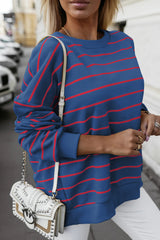 Blue Striped Overlap Detail Drop Shoulder Pullover Sweatshirt