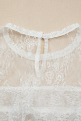 White 2pcs Sheer Floral Lace Ruffle Tiered Patchwork Blouse