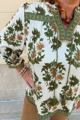 Green Plus Size Floral Printed Contrast Patchwork Detail Tassel Tie 3/4 Sleeve Blouse