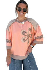 Grapefruit Orange Plaid Waffle Flower Patchwork Bracelet Sleeve Top