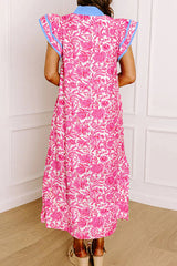 Pink Floral Print Color Block Patchwork V Neck Short Sleeve Midi Dress