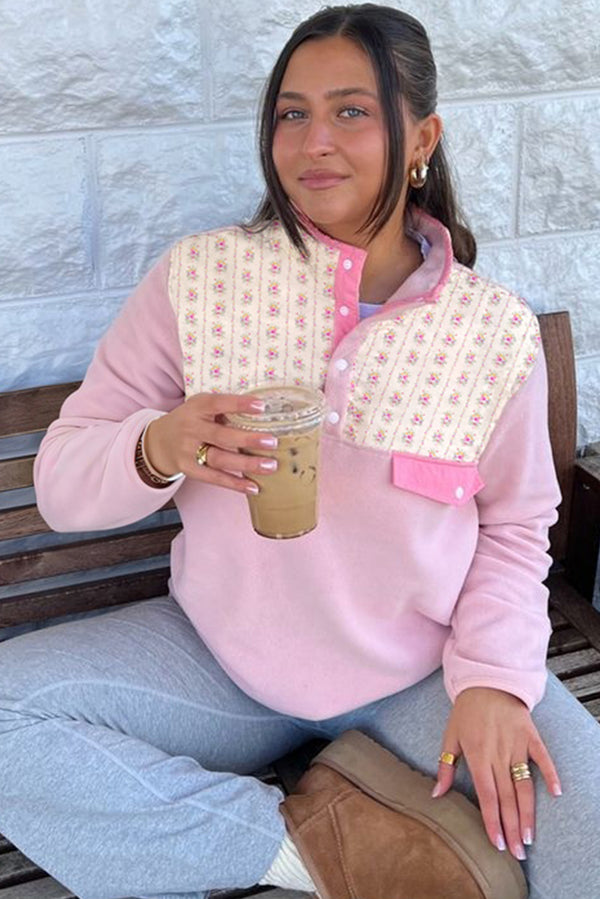 Light Pink Polar Fleece Floral Print Button Collar Sweatshirt