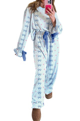 Sky Blue Stripe Bow Star Print Tied Detail 2pcs Lounge Set