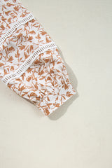 Khaki Printed Floral Print Lace Detail Puff Sleeve Fall Shirt