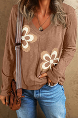 Straw Yellow Floral Patched V Neck Long Sleeve Top