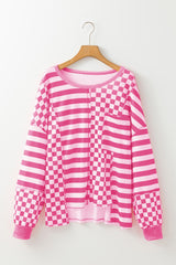 Khaki Checkered Striped Patchwork Lantern Sleeve Top
