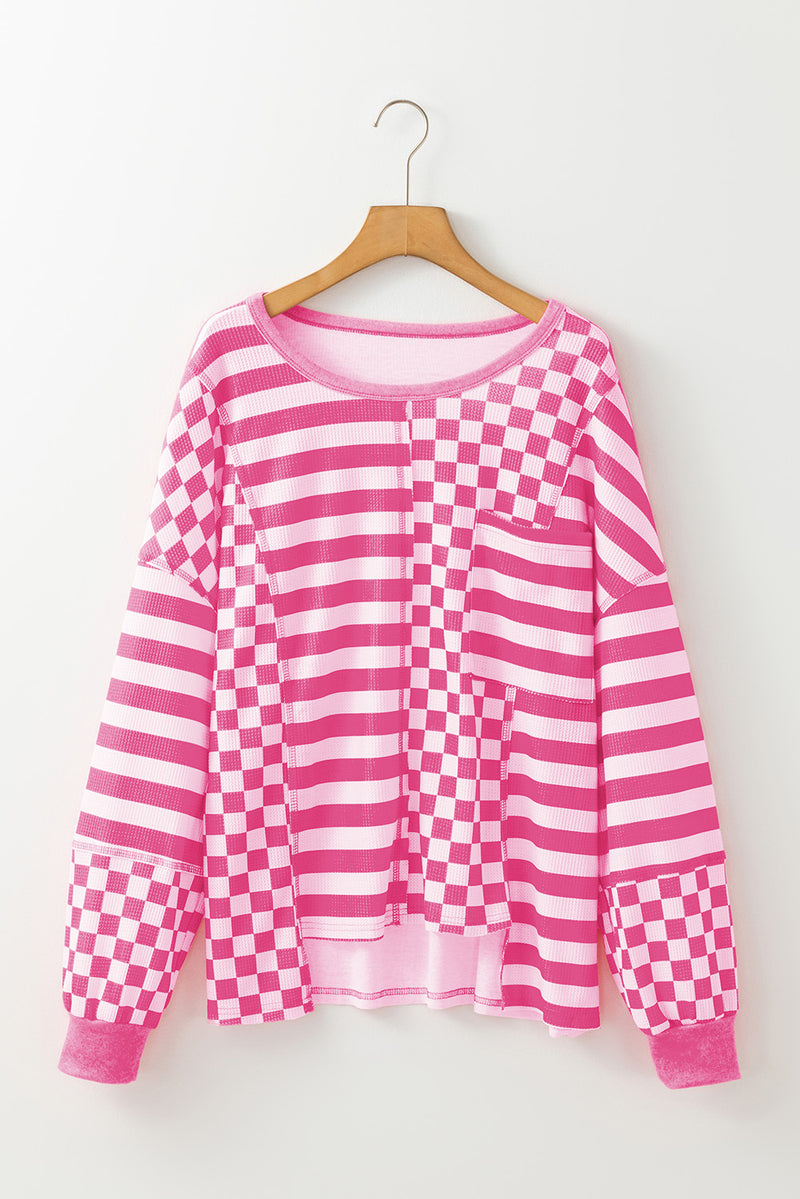Khaki Checkered Striped Patchwork Lantern Sleeve Top