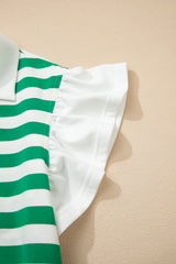 Black Stripe Collar V Neck Ruffled Short Sleeve Blouse