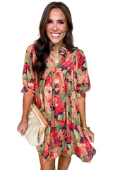 Green Floral Print Frilled V Neck Half Sleeve Mini Dress