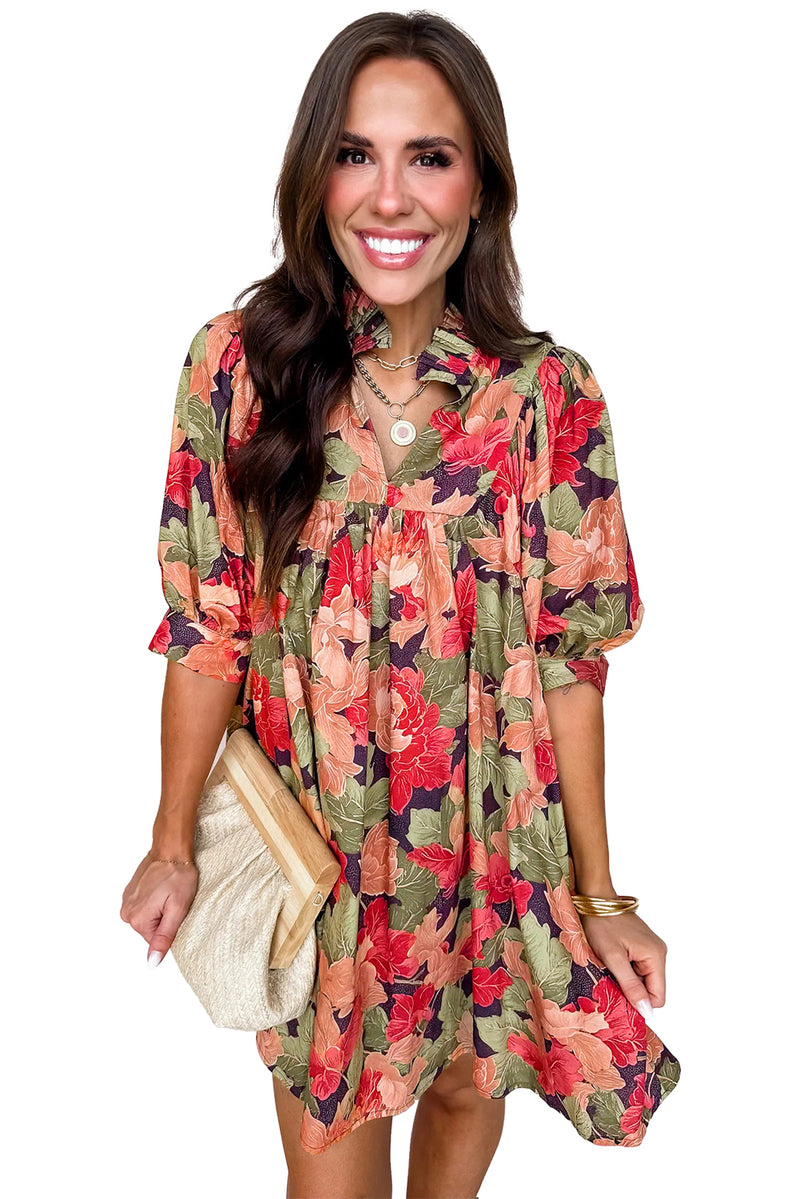 Green Floral Print Frilled V Neck Half Sleeve Mini Dress