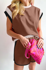 Coffee Color Block Loose Fit Top & Wide Leg Shorts Set