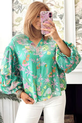 Green Floral Lantern Sleeve Button Front Shirt