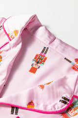 Pink Nutcracker Print Contrast Trim Bowknot Silk 2pcs Pajama Set