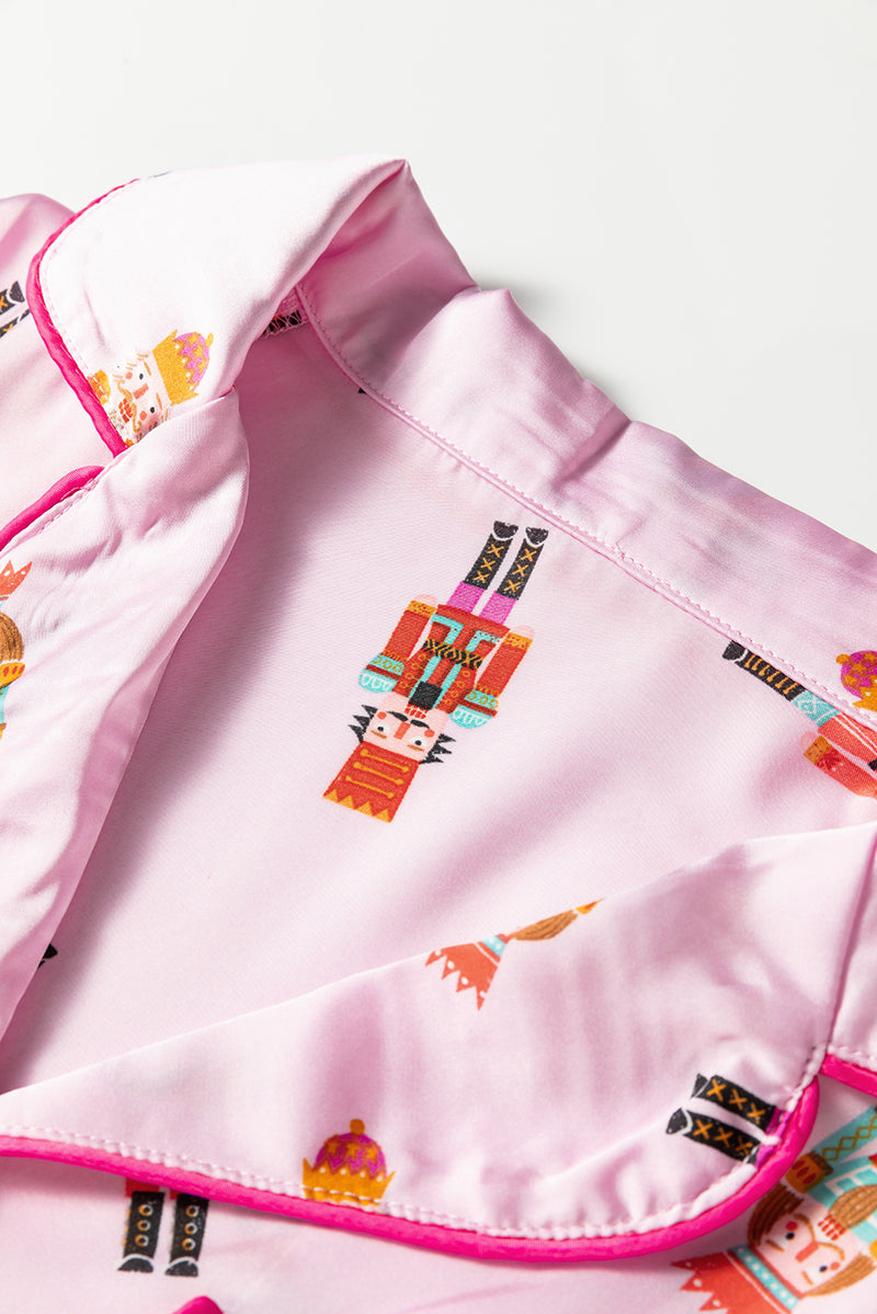 Pink Nutcracker Print Contrast Trim Bowknot Silk 2pcs Pajama Set