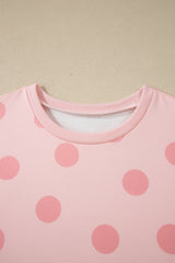 Sky Blue Polka Dot Print Loose Tee Drawstring Elastic Waist Short Set