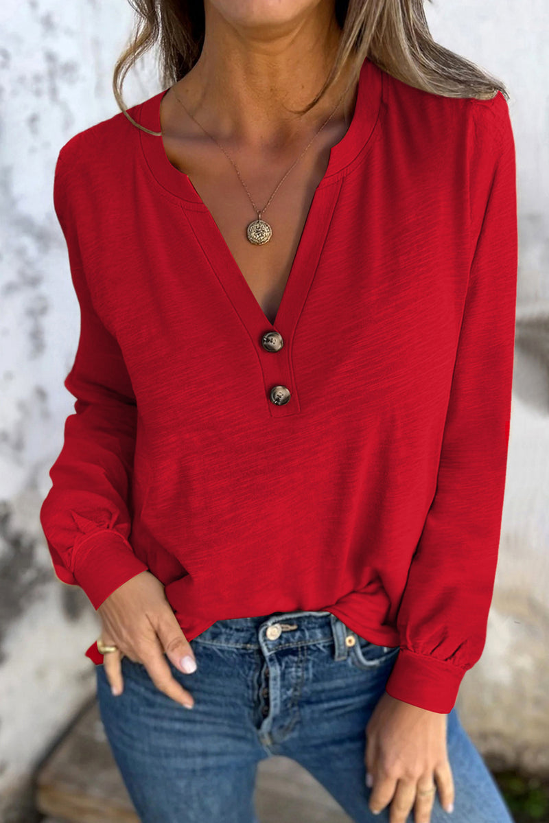 Mist Green Casual Button V Neck Long Sleeve T-Shirt