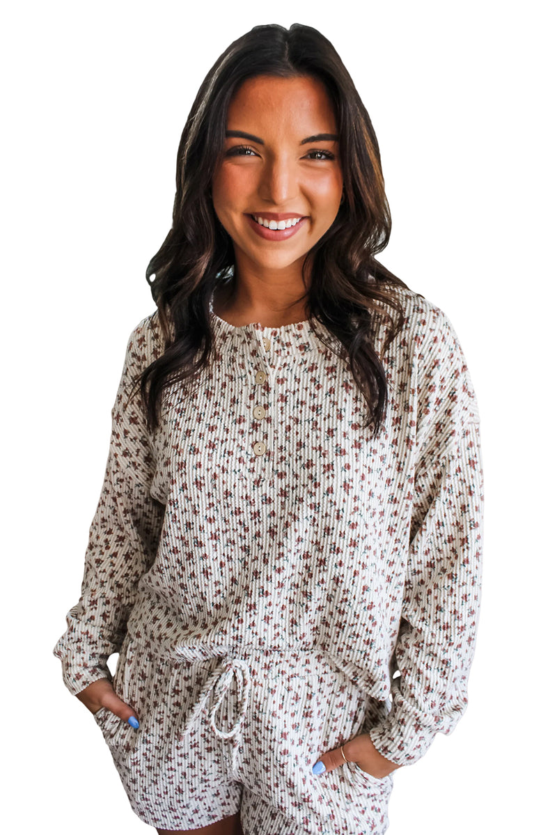White Floral Print Ribbed Long Sleeve Pullover and Shorts Set