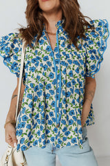 Sky Blue Tiered Flutter Sleeve Pleated Flower Blouse