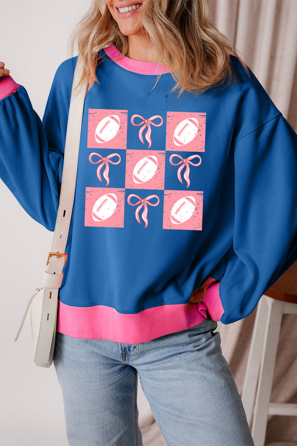 Blue Football and Bow Graphic Contrast Trim Drop Shoulder Sweatshirt
