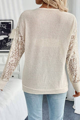 Beige Waffle V Neck Patchwork Lace Long Sleeve Top