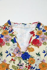 Apricot Ruffled Shoulder Long Sleeve Floral Blouse